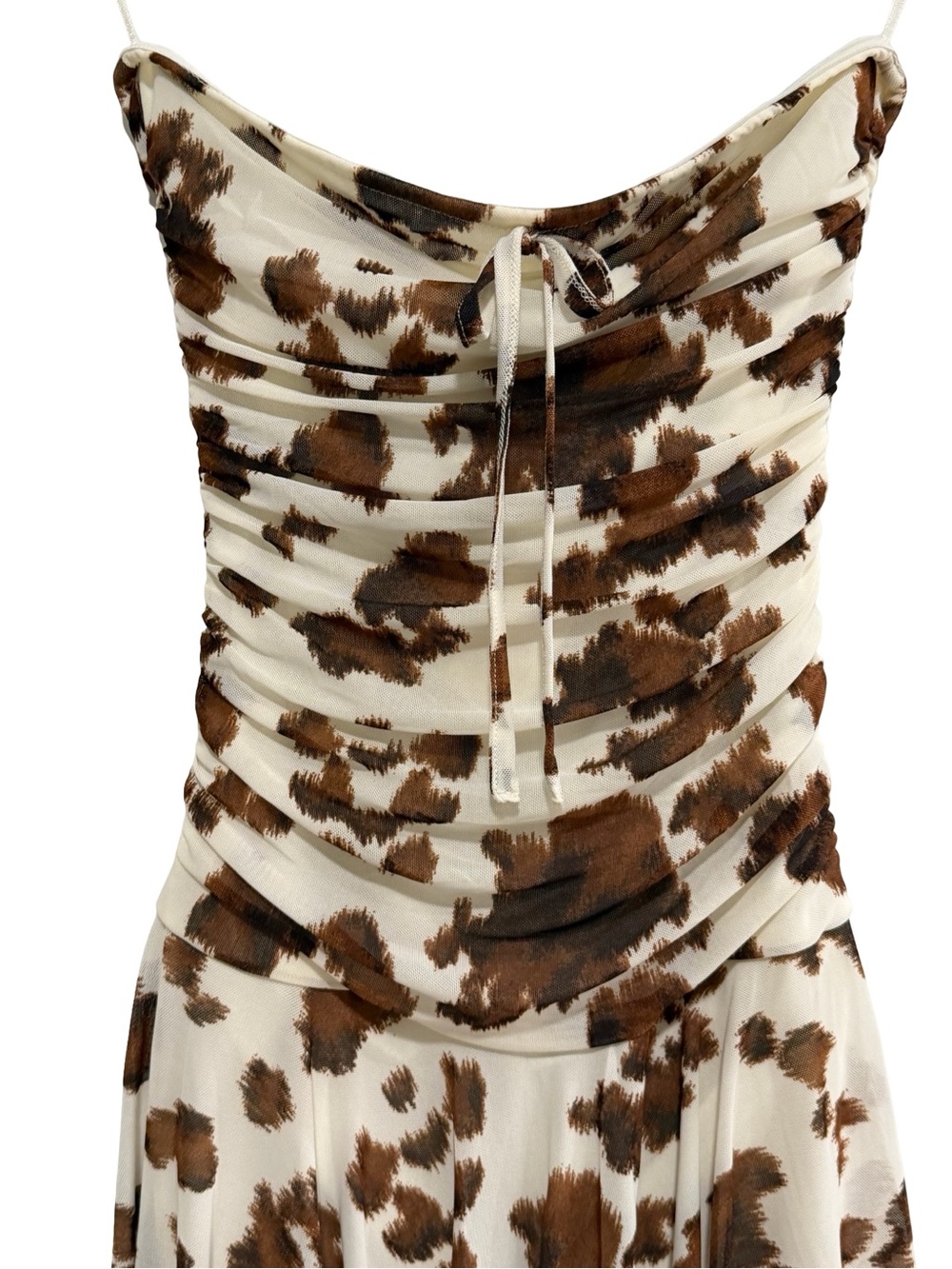 Cow Print Sleeveless Ruched Mini Dress Brown Cream S NWT - Picture 3 of 8